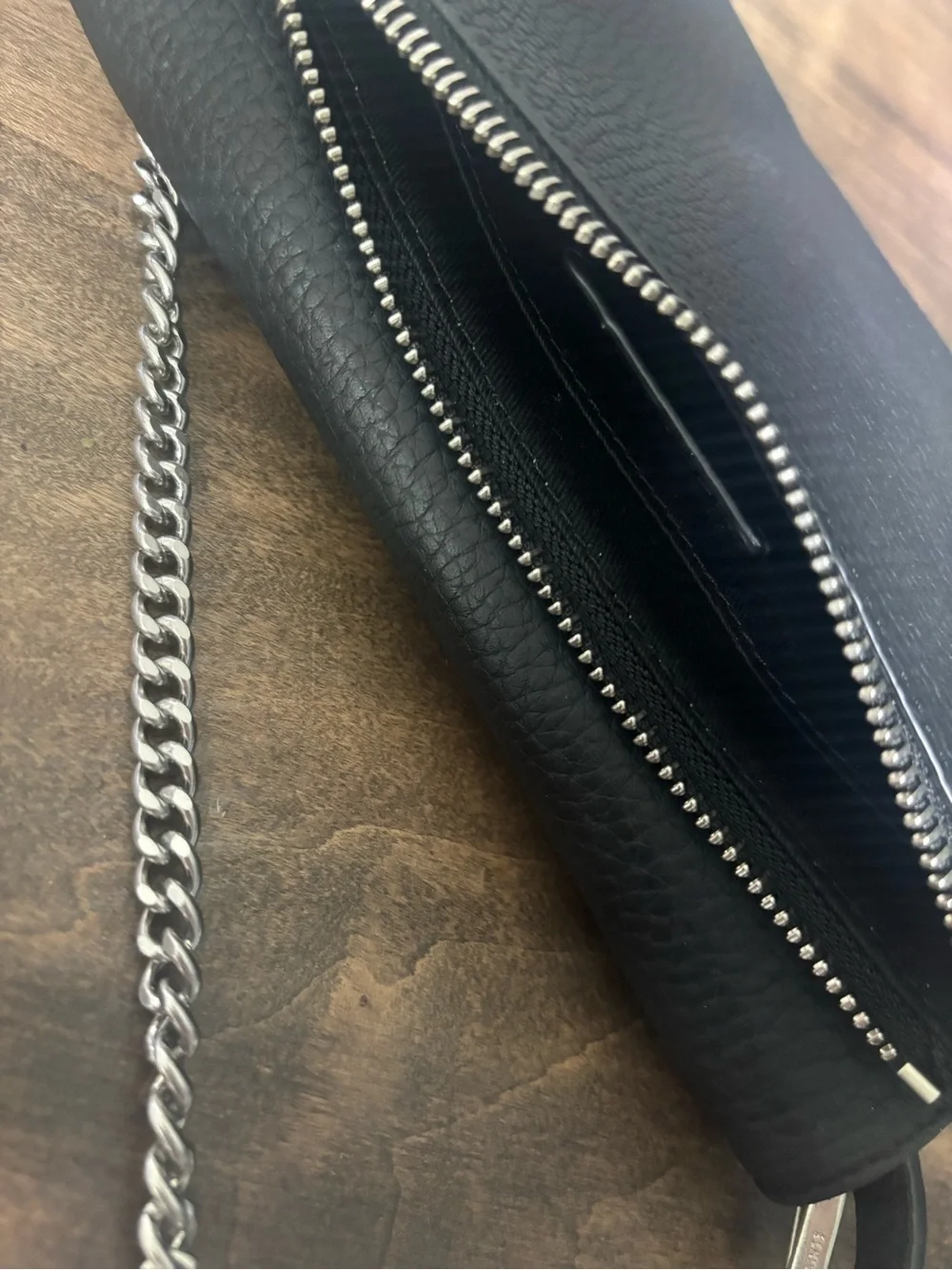 All Saints Black Leather Fetch Wallet Crossbody with Chain